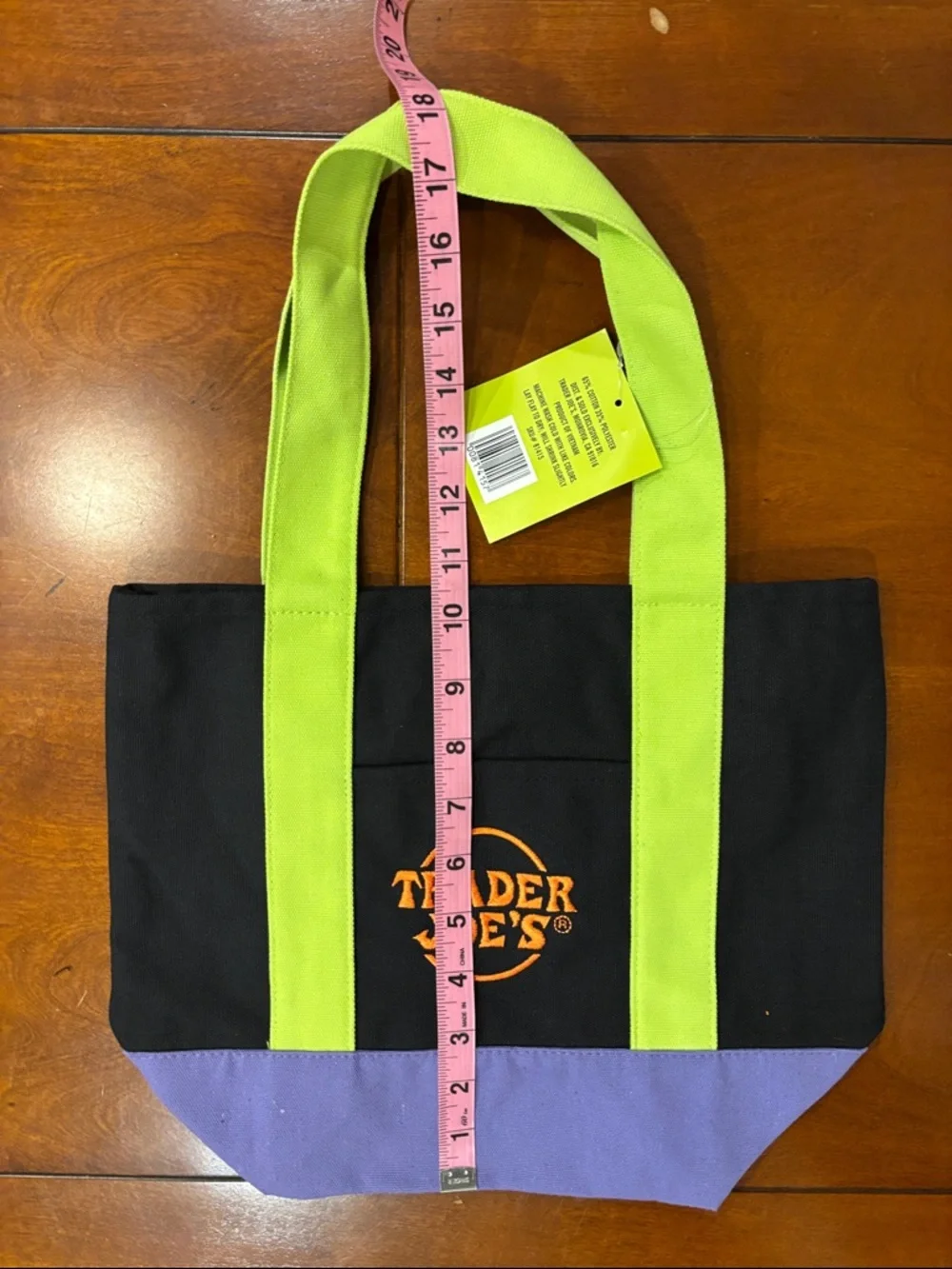 Trader Joe's Black‎ Canvas Tote Bag with Lime Handles and Purple Base